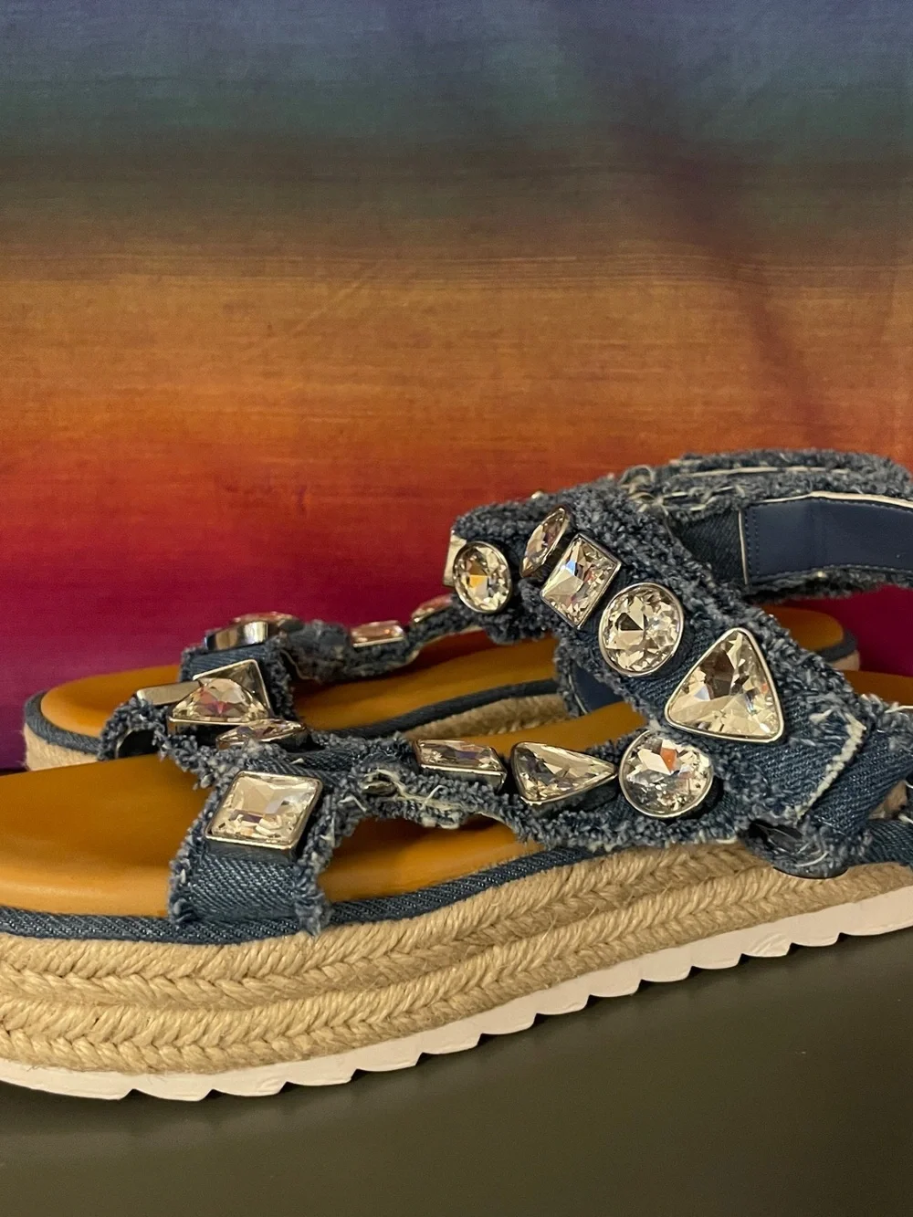 Gianni Bini Denim Platform Sandals with Crystal Accents